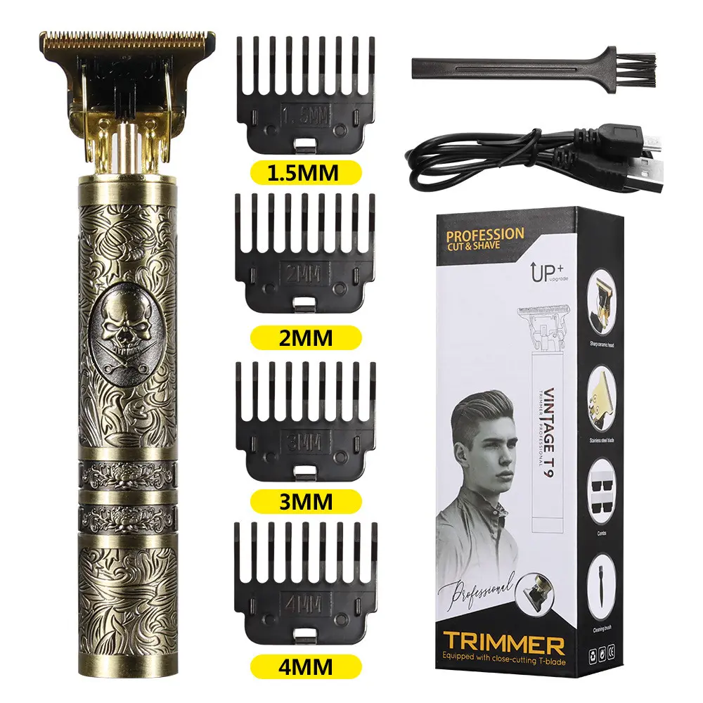 Vintage T9 Oil Head Electric Trimmer, Skull Carving Hair Clipper, USB Rechargeable Professional Razor, 4-Position Comb, Home/salon Use