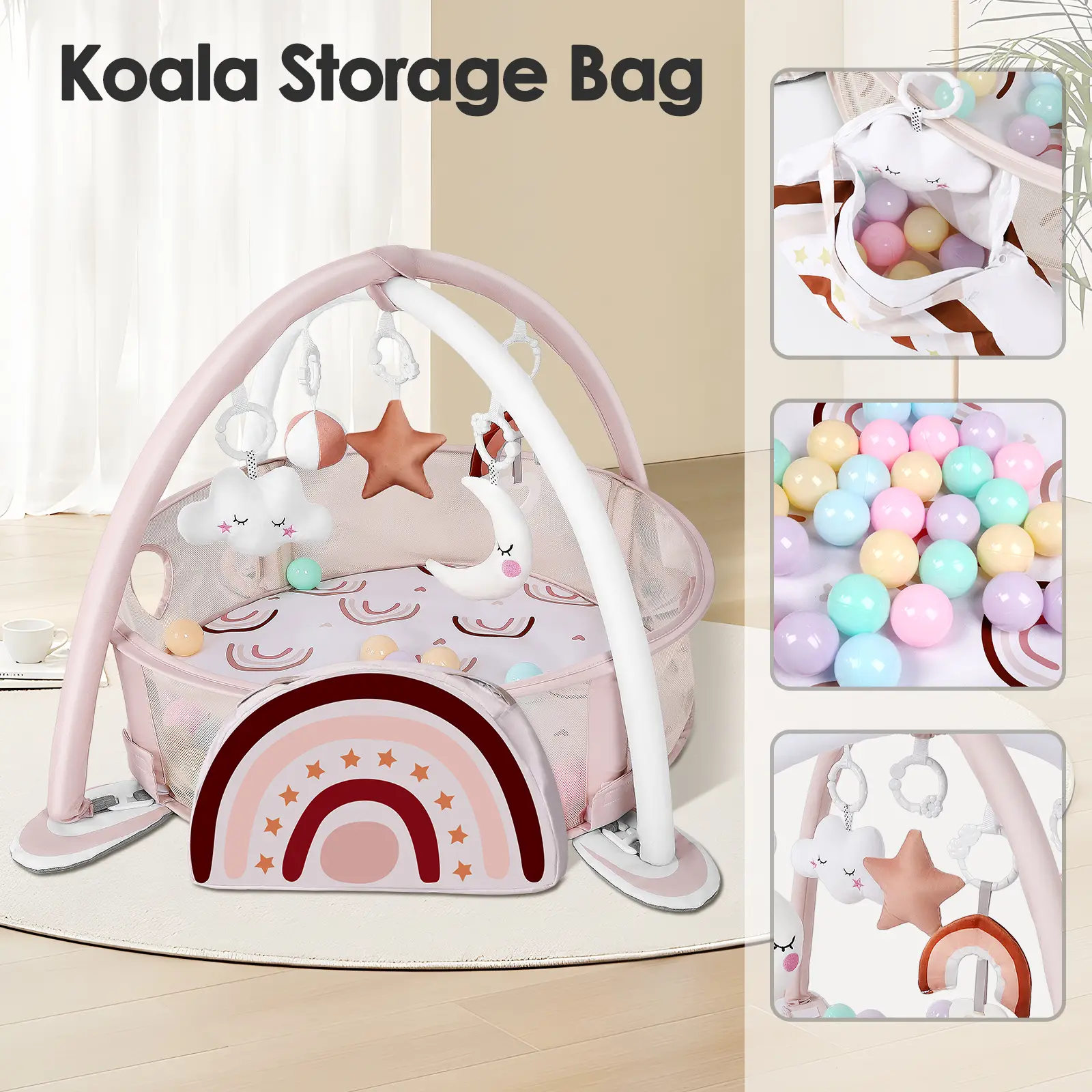 4-in-1 Baby Play Mat Baby Gym,Tummy Time Mat for Floor Activity Gym Ball Pit Including 30 Balls with 5 Infant Learning Sensory Baby Toys for Newborn T