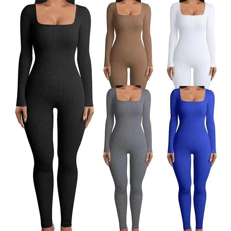 Women's Jumpsuit Autumn Winter Ribbed Square Neck Slim Fit Long Sleeve Basic Minimalist Overalls for Casual Outings in Black Beige White Gray Blue-TAO