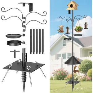 2025 Upgraded Heavy Duty Bird Feeder Pole,92 Inch Squirrel Proof Adjustable Bird Feeding Station,4 Shepherd Hooks for Feeder Stand, Includes Water Bowl and Mesh Tray,for Outdoor Garden & Yard