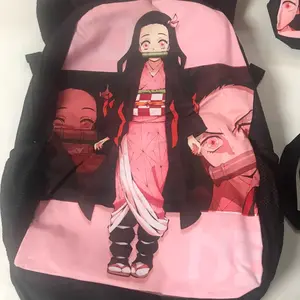 3 PC Pink & Black Anime Backpack Anime Book Bag, lunch box, pencil bag for Teenager Boys Girls School Travel 17 Inch Canvas