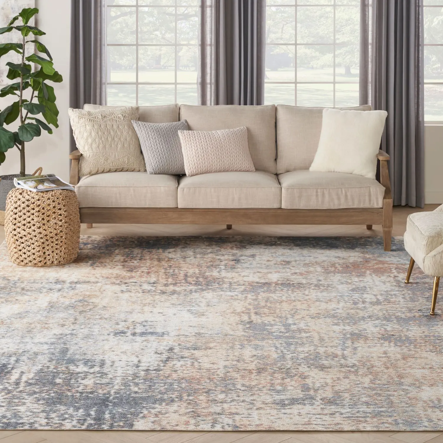 Nourison Astra Home Decor Rug - Machine Washable, Modern Horizontal Abstraction Rug, Low-Pile Flat Weave Fabric, Indoor Use, Multicolor with Muted Shades of Blue for Living Room