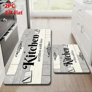 2pcs/3pcs Light & Cream Wood Grain Mats, Kitchen Love Text & Recipe Design, Durable Floor Mat for Living Room, Bedroom, Bathroom, Kitchen, Laundry, Study