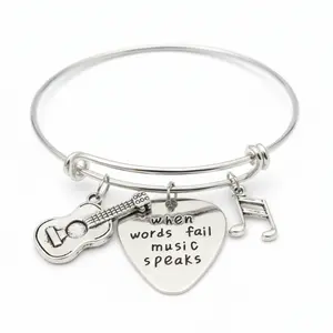 Guitar Charm Expandable Bangle Bracelet | Musician Gift | Silver Adjustable Wire Bracelet