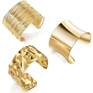 3PCS Gold Chunky Cuff Bracelets – Irregular Minimalist Statement Open Bangle Set for Women