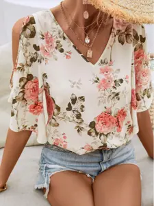 Women's Off-Shoulder Floral Print Chiffon Loose Shirt, Summer Vacation Wear, Fitted Style, Single Piece, Perfect for Casual