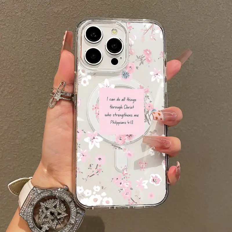 Soft Girl Magnetic Case for iPhone11/12/13/14/15/16/17/promax, Philippians 4 13 Floral Art  Lightweight, Drop-Proof, MagSafe Compatible | Perfect for Teen Girls