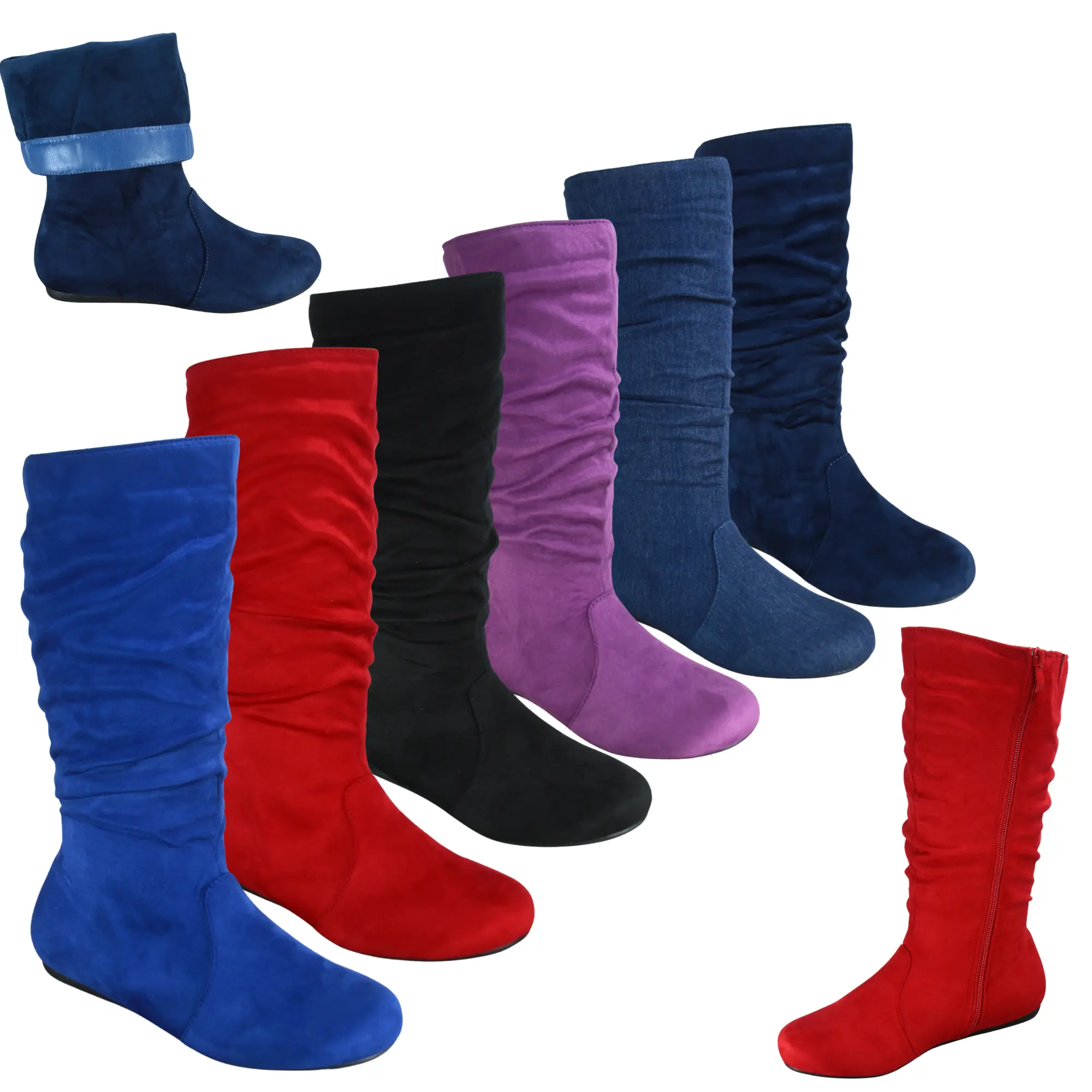 Women's Mid-Calf Slouch Boots | Flat Comfort Winter Boots | Side Zip | Faux Suede | Lightweight Casual Fashion Boots Faux Fur Lining