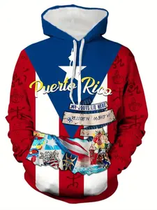 Men's Puerto Rican Flag Graphic Hoodie, Casual Fitted Pullover with Drawstring, Loose Fit Outdoor Fitness Wear, Fall Winter Clothing