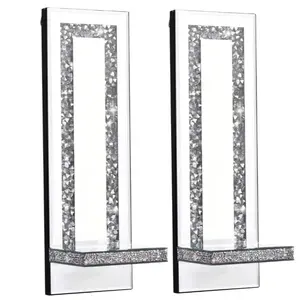 Set of 2 Crystal Crush Diamond Mirrored Candle Sconces Silver Wall Holder Decoration Home Decor