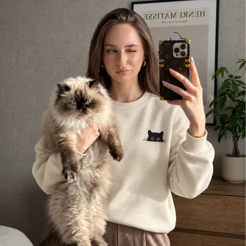 Cat Sweatshirt, Peeking Black Cat Sweatshirt, Cute Cat Lover Crewneck, Cozy Cat Mom Gift Sweater