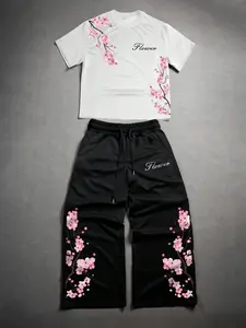 Men's Cherry Blossom Print Short Sleeve T-Shirt and Casual Long Pants Set, Comfortable Soft Fabric, Ideal for Daily Wear