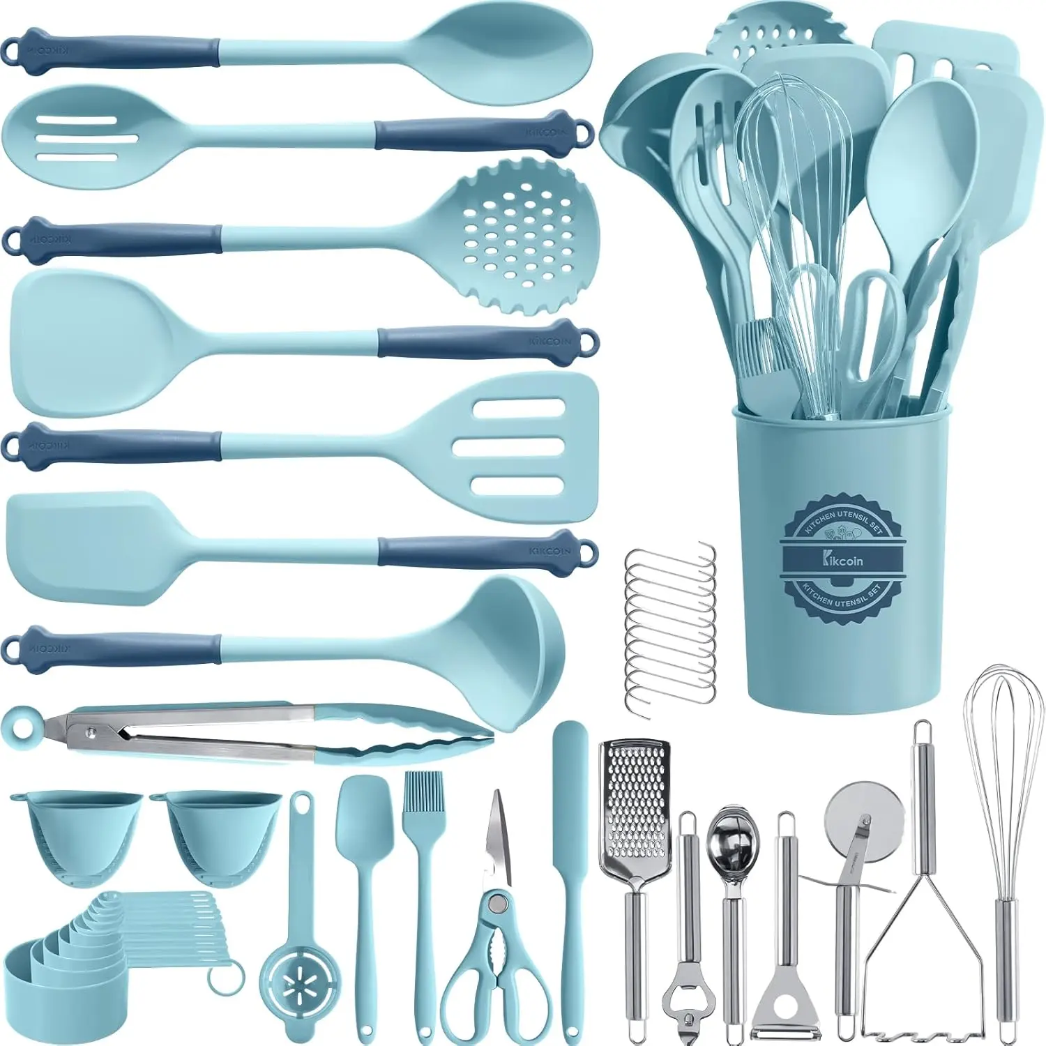 43Pcs Large Kitchen Utensils Set - Silicone Cooking Utensils Set, Dishwasher Safe Spatula Set for Non-stick Cookware, 446°F Heat Resistant Kitchen Utensils Set with Holder BPA Free, Blue