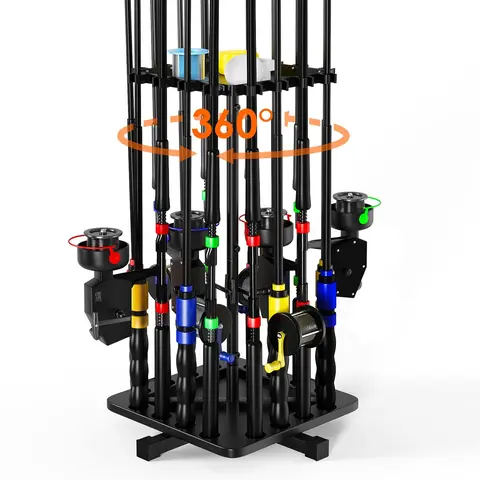 MOKO Carbon Steel Fishing Pole Holder (Fishing Accessory) - 360° Rotating Bracket Mount, Stores 16 Rods, Solid Base, Compact Space-Saving Easy-Install Black Garage Shelf (11.81in W×D×30.12in H), Father's Day Gift for Men