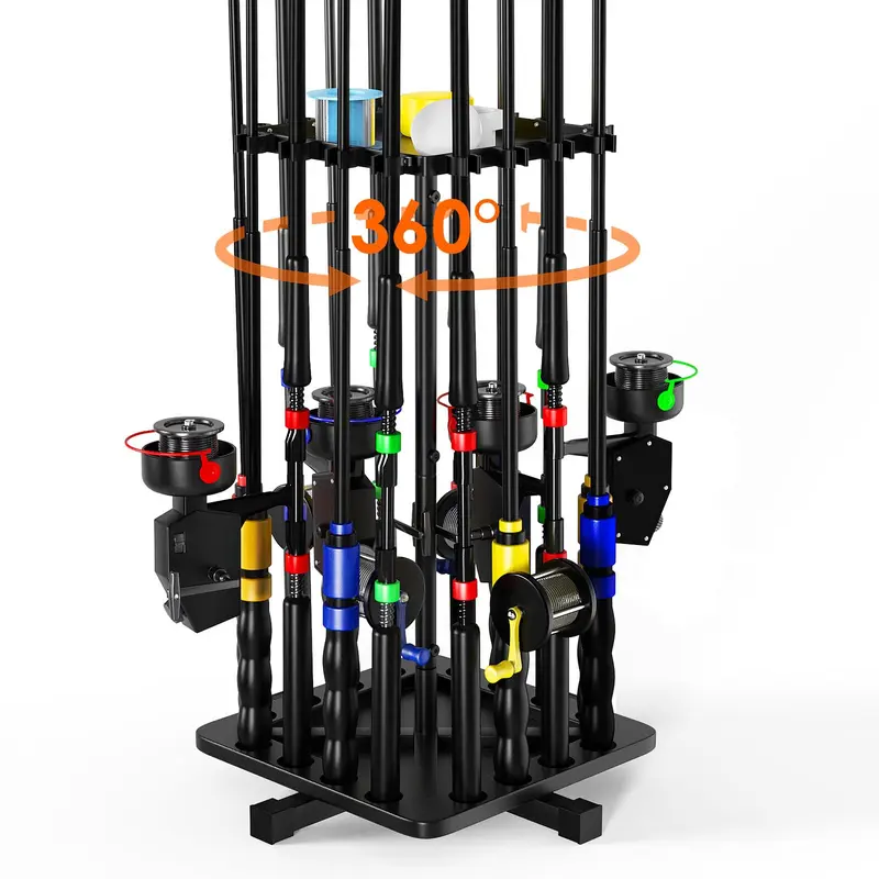 MOKO Carbon Steel Fishing Pole Holder (Fishing Accessory) - 360° Rotating Bracket Mount, Stores 16 Rods, Solid Base, Compact Space-Saving Easy-Install Black Garage Shelf (11.81in W×D×30.12in H), Father's Day Gift for Men