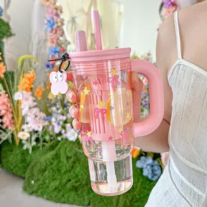 27 oz Large Capacity Cup with Handle, Lid, and Straw, Cute Cup for Cartoon Enthusiasts, Reusable and Beautiful Drinking Utensil stylish glass cup drinkware coffee cup aesthetic  glassware glasscups with straw glass drinking cup