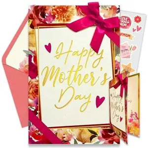 Decorably Gold Foiled and Textured 5x8in Individual Happy Mothers Day Card Set with Ribbon and Floral Designs, Happy Mother's Day Card with Envelope and Stickers, with Printed Message Inside