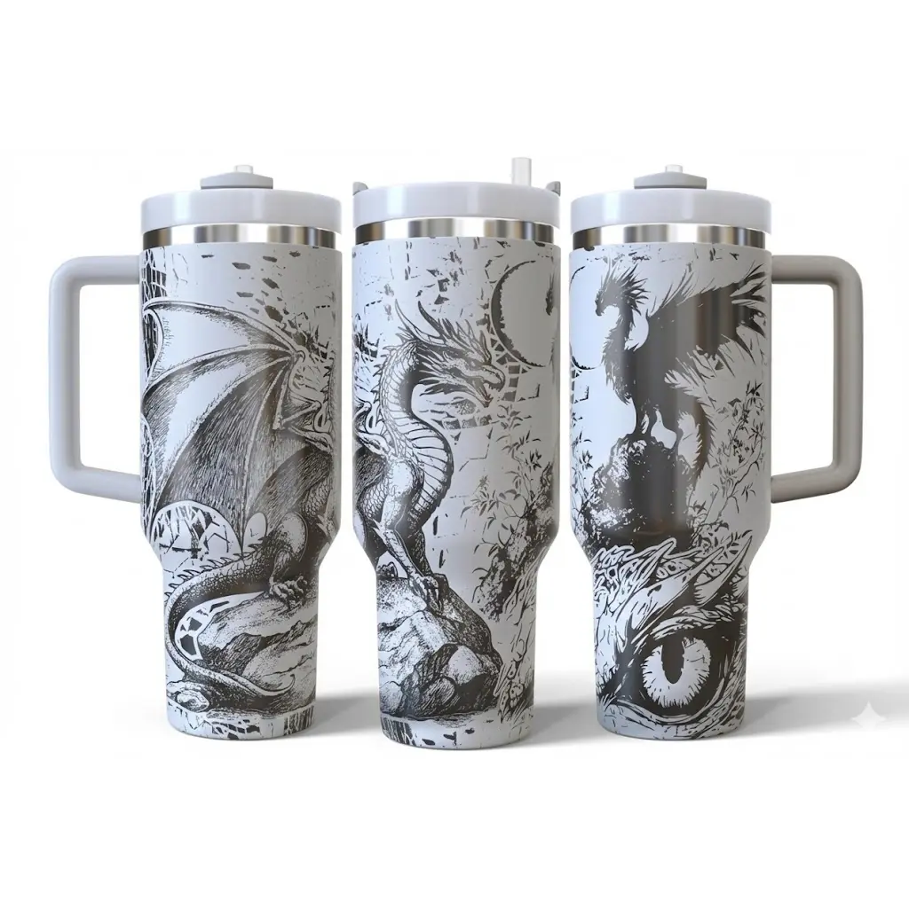 Fantasy Dragon 40oz Tumbler Wrap Design, Laser Engraving Wrap Pattern