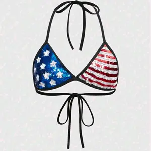 Women's American Flag Print Bikini Sparkly Top with Patriotic Design and Adjustable Straps for Comfort