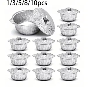 1/3/5/8/10pcs Disposable Aluminum Pot with Lid Round Foil Pans Disposable Cookware Food Container Portable for Vacation Trips Camping Baking Heating Cooking Kitchenware