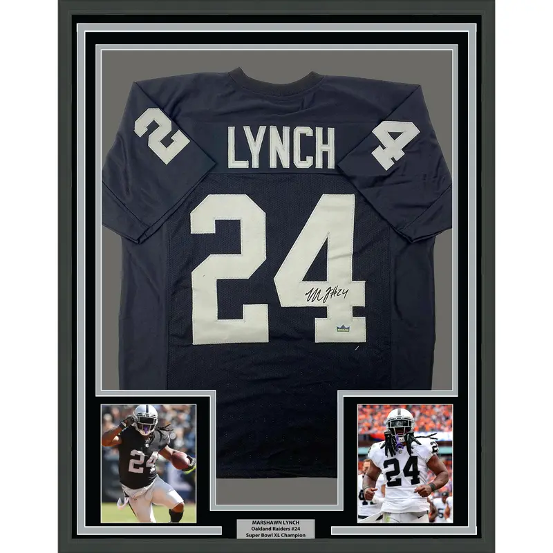 No Framed Facsimile Autographed Marshawn Lynch  Oakland Las Vegas Black Reprint Laser Auto Football Jersey
