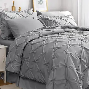 Grey Queen Comforter Set, 7 Pieces Pintuck Comforters Queen Size, Bed in a Bag Queen Comforter for Bedroom, Bedding Comforter Sets with Comforter, Sheets, Ruffled Shams & Pillowcases
