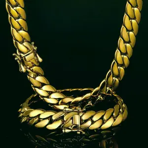 Flat Miami Cuban Jewelry Set 14K Gold 8/10mm Blade Link Chain with Design Clasp Mens Stainless Steel Hip Hop Necklace Bracelet Kit 7.5-24" Tarnish Resistant Hypoallergenic