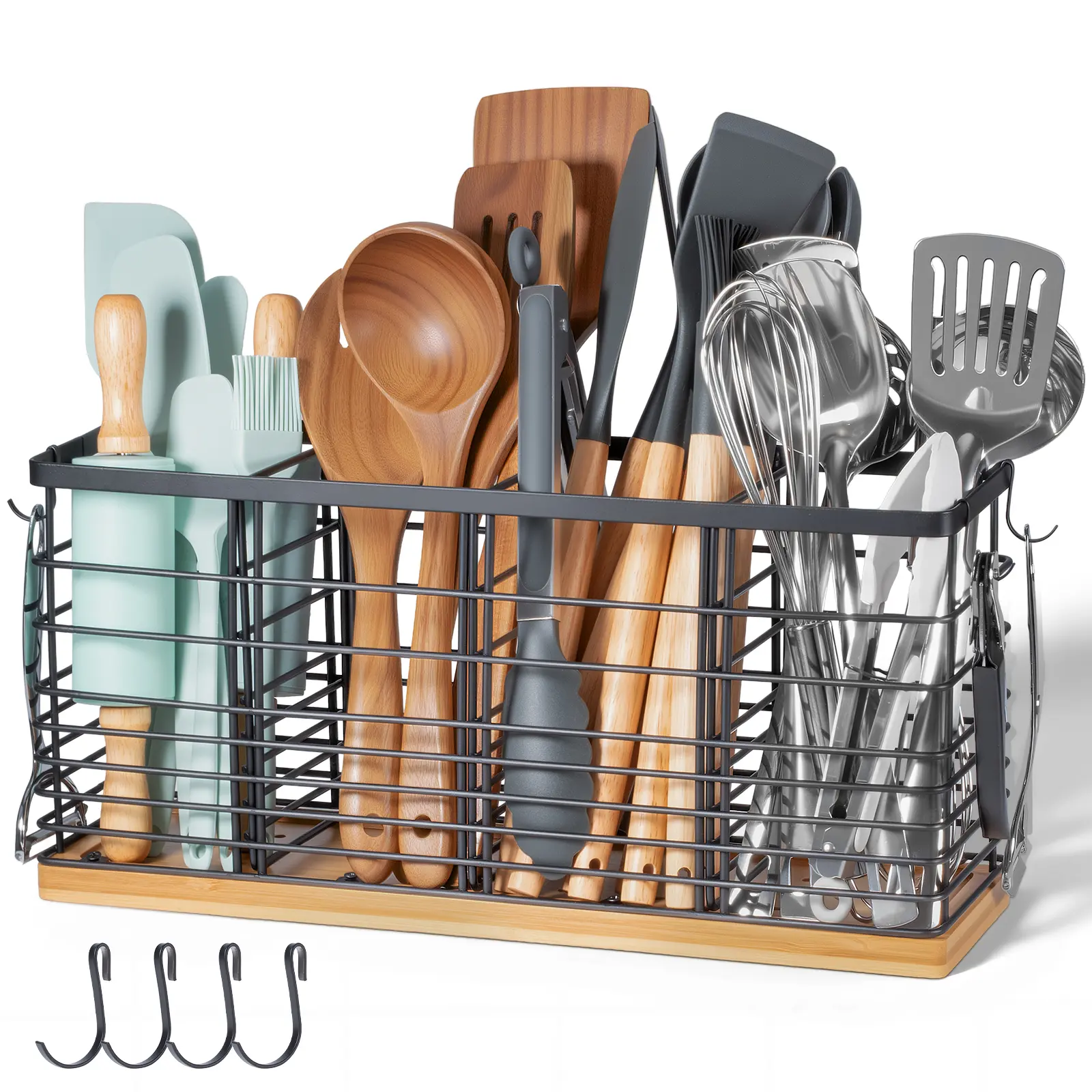 Matte Black 4-Compartment Extra Large Kitchen Utensil Rack with Wooden Base, Adjustable Shelf Rack, Metal Countertop Organizer, 4 Hooks for Tool Storage