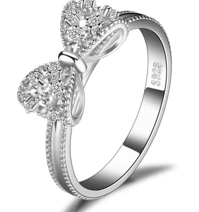 Women's S925 Sterling Silver Micro-Set Cubic Zirconia Bow Shape Promise Ring Set - Hypoallergenic Eternity Band, Non-Tarnish Women's Fashion Jewelry, Valentine's Day Meaningful Gift