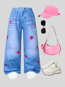 Girls' fashionable imitation denim wide leg pants, fashionable printed fruit strawberry figurine graffiti, holiday party gifts, spring, summer, and autumn seasons, wide leg pants for girls over 3 years old
