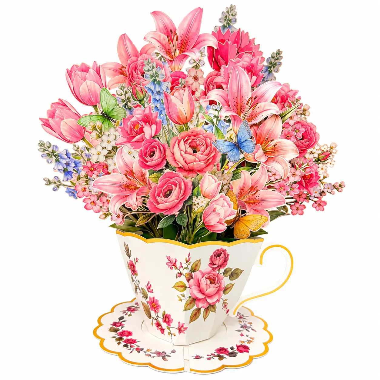 3D Pop-Up Floral Butterfly Teacup Greeting Card with Envelope - Office Stationery Note Card for Thank You, Everyday Encouragement, Get-Well Wishes Gifts, Teacher Appreciation sohochic,popup bouquet