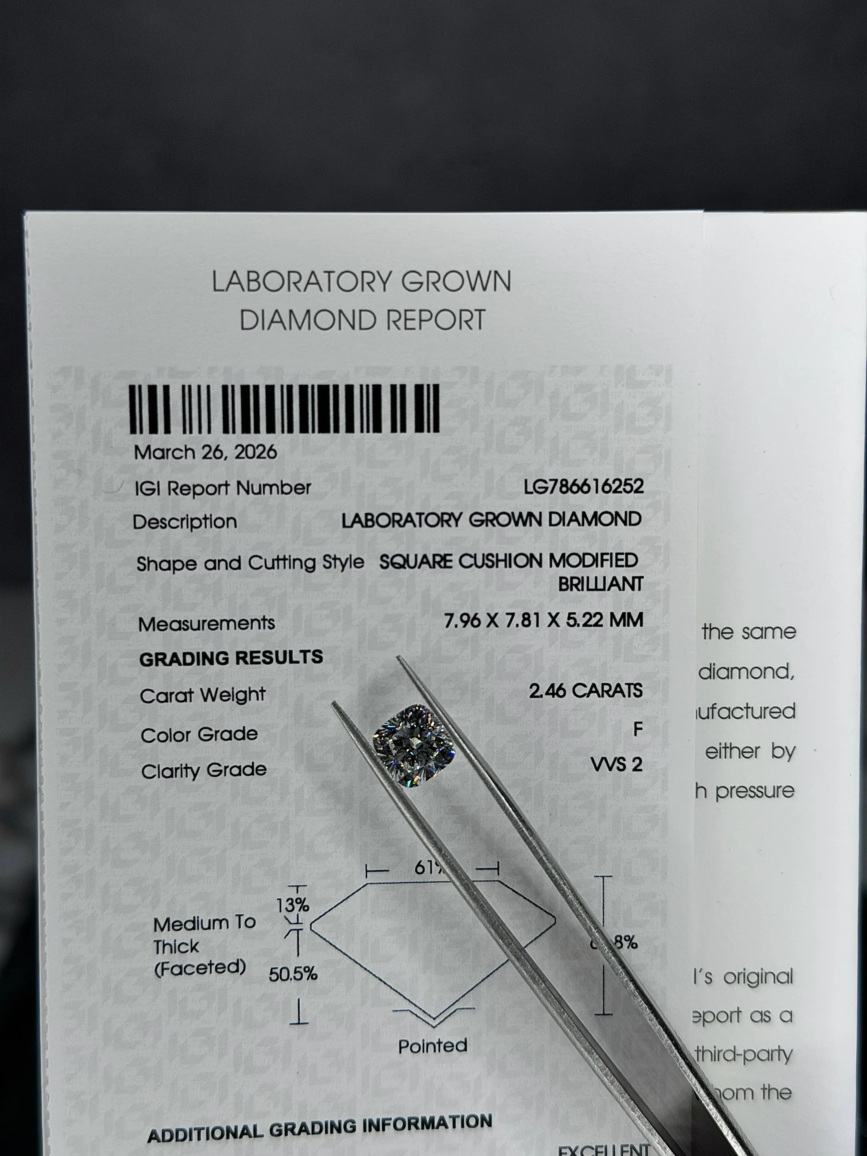 2.46 Carat F Color VVS2 Brilliant Square Cushion Lab Grown Diamond