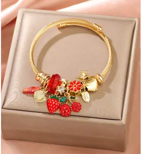 Adjustable Women's Stainless Steel Bracelet with Strawberry & Cherry Charms Gold-Tone Fashion Accessory for Daily Wear