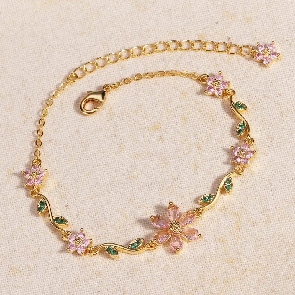 Elegant Flower Design Crystal Bracelet with Sparkling Zircon Petal and Leaf Accents, Sweet Jewelry Gift for Women, Elegant Jewelry Bracelet, Flower Design Bracelet