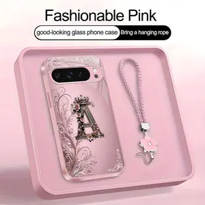 Crown Floral Art 26 letter Phone Case, Suitable for [Google Pixel 9 Pro Xl] high-end women's, Lanyard a beautiful four-leaf clover lanyard is included🍀 952