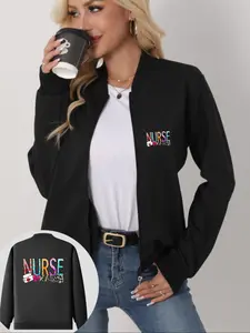 Women's Casual Graphic Knit Jacket, Fitted Zipper Cardigan for All Seasons, Stylish Nurse Coat with Baseball Collar, Unique Layering Piece