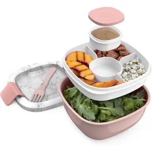 Salad Container 54 oz Bowl with 4-Compartment Toppings Tray, Dressing Container, Reusable Fork, BPA-Free, for Meal Prep & Food Storage; Removable Bento Tray (Blush Marble)
