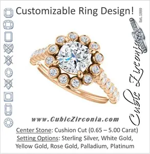 Cubic Zirconia Engagement Ring- The Maritere (Customizable Cushion Cut style with Round-Bezel Floral Halo and Accented Band)