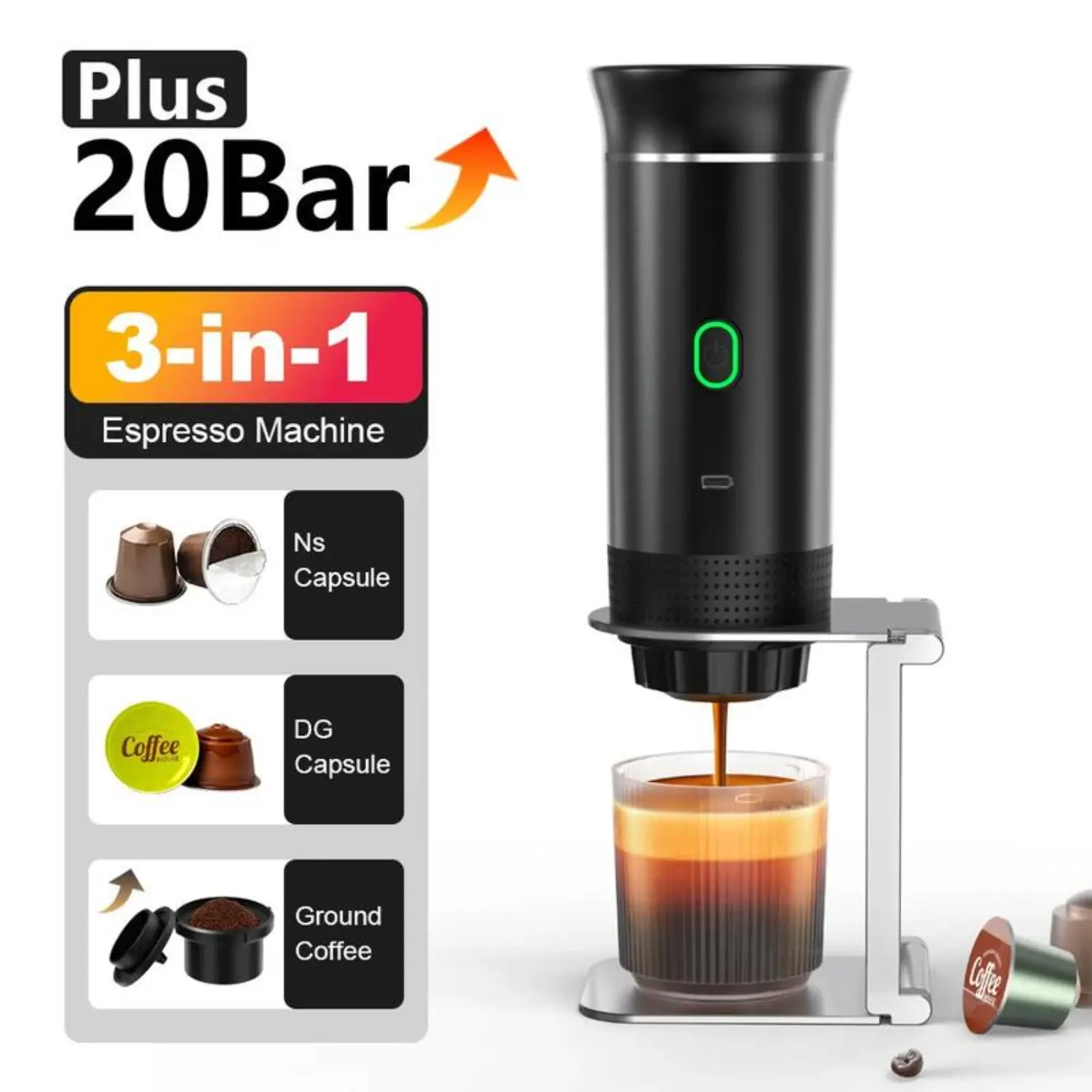 MIUVA 3-in-1 Portable Coffee Maker Espresso Machine for Travel - 20Bar Pressure, USB-C Charging, Compatible with Ground Coffee & Capsules - Ideal for RV, Hiking, Camping, Office Thanksgiving tableware Value Pack Valentine's Day gift Christmas, Coffee Pods