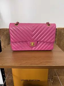 Pre-owned CHANEL Medium Classic Double Flap Bag with Hot Pink Chevron Quilted Leather & Gold CC Logo