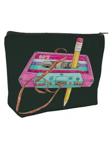 80's Cassette Makeup Bag, Retro Tape & Pencil Design, Zippered Travel Organizer, Perfect Gift for Mixtape Lovers, All Seasons