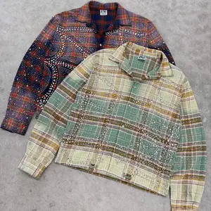 26SS Hot Selling Sparkling Hotfix Rhinestone Plaid Flannel Shirt, Loose Baggy Hip Hop Rap Street Style Long Sleeve Oversized Unisex Blouse For Couple