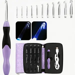Rechargeable Light Up Crochet Hook Set - 11-in-1 Ergonomic Soft Grip Kit with Interchangeable Heads, Ideal for Beginners, DIY Knitting & Crochet Gift
