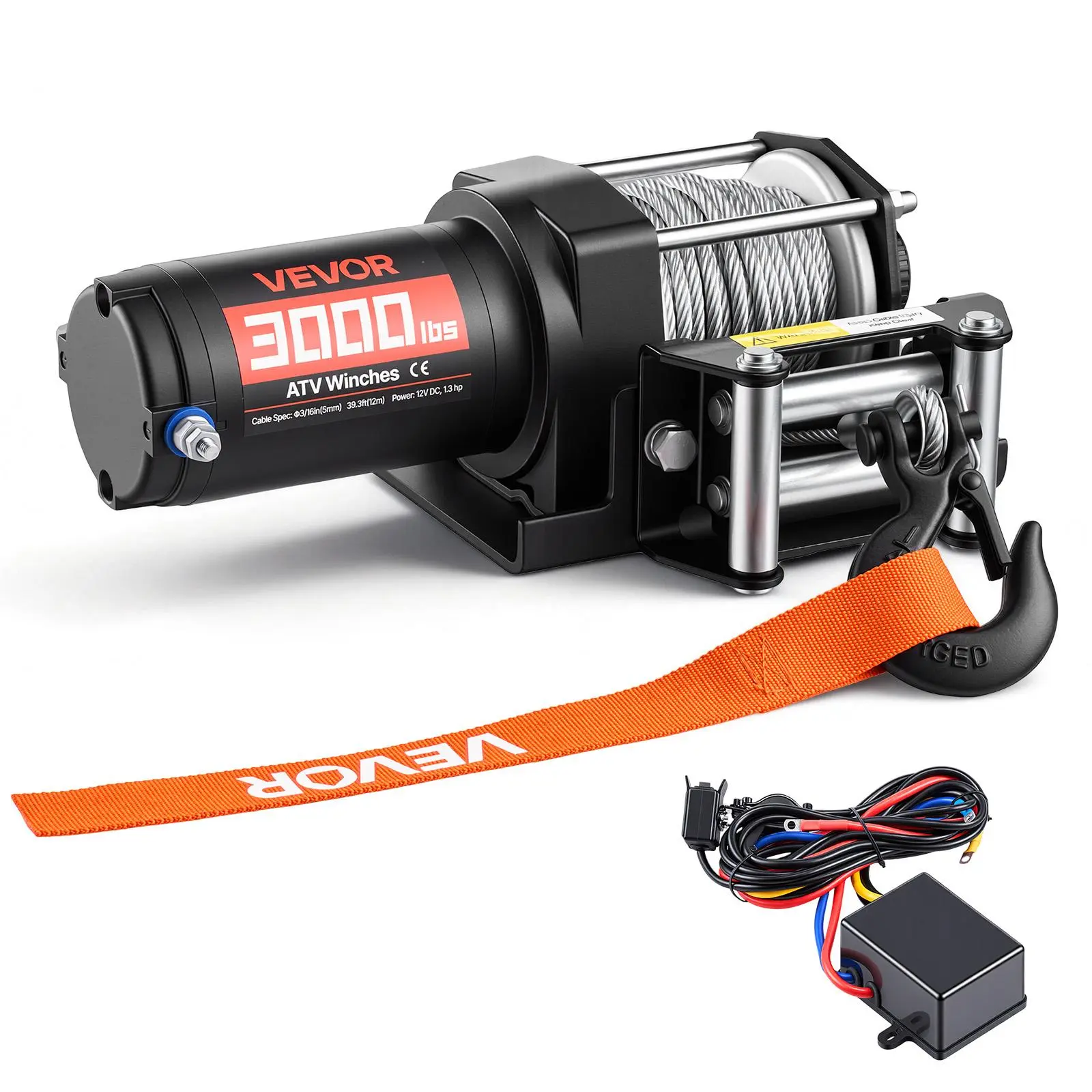 【Summerfinds】VEVOR 3000 lbs Electric Winch,12V DC ATV/UTV Winch with Φ3/16 in x 39.4 ft Steel Wire Rope & Wired Remote ControlIP55 WaterproofAluminum Housing Fairlead Mount Plate for Towing ATVBlack