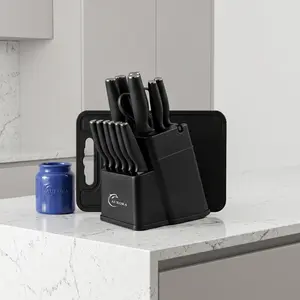 XBJ Premium 15-Piece Stainless Steel KitchenKnife Set with Built-in Sharpener |includes ChefKnife, Japanese Knife, Meat Cleaver, Bread KnifeSteak Knives & Scissors|Washable, PlasticHandles | Perfect Gift Set,Block,Pink Serrated Stainless steel cutlery set