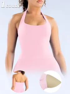 1/2/3 Pcs Women's Yoga Halter Neck Tank Top with Removable Pads, Three-Layer Seamless Backless Tank Tops Casual Solid Color Soft All Seasons Wear