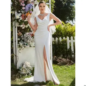 Bridal White Dresses Train Ruched Elegant V Neck Split Thigh Sleeveless Long Wedding