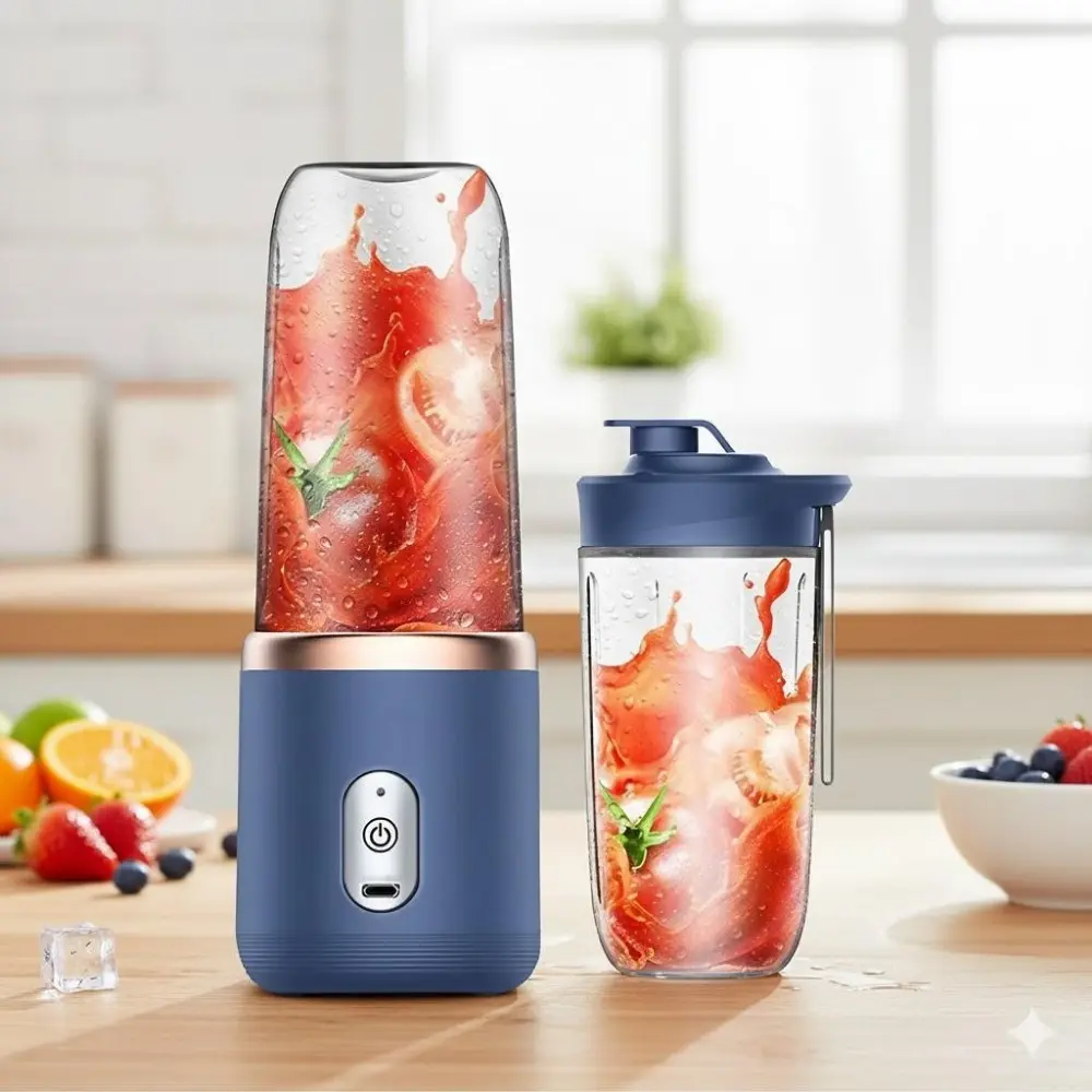 Portable Mini Juicer Extractor, USB Rechargeable, Dual Cups with Lids 400ml, 1500mAh Long Battery Life, Rechargeable Fruit Juicer, for Pure Juice at Home Office Outdoor, Efficient Kitchen Tool, USB Charging Juicer