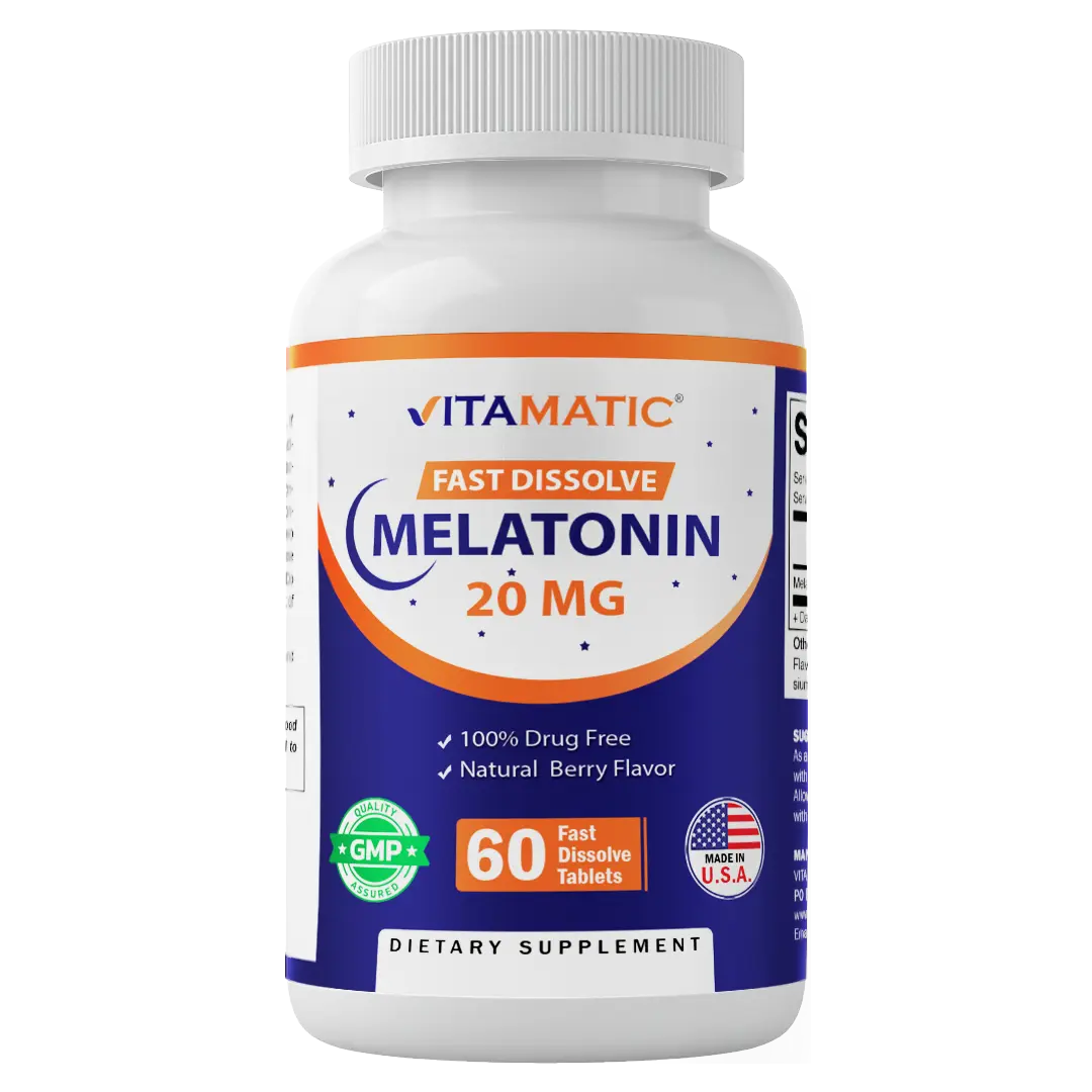 Vitamatic Melatonin 20mg Tablets | Vegetarian, Non-GMO, Gluten Free | 60 Fast Dissolve Tablets | Natural Berry Flavor | Supplement Dietary