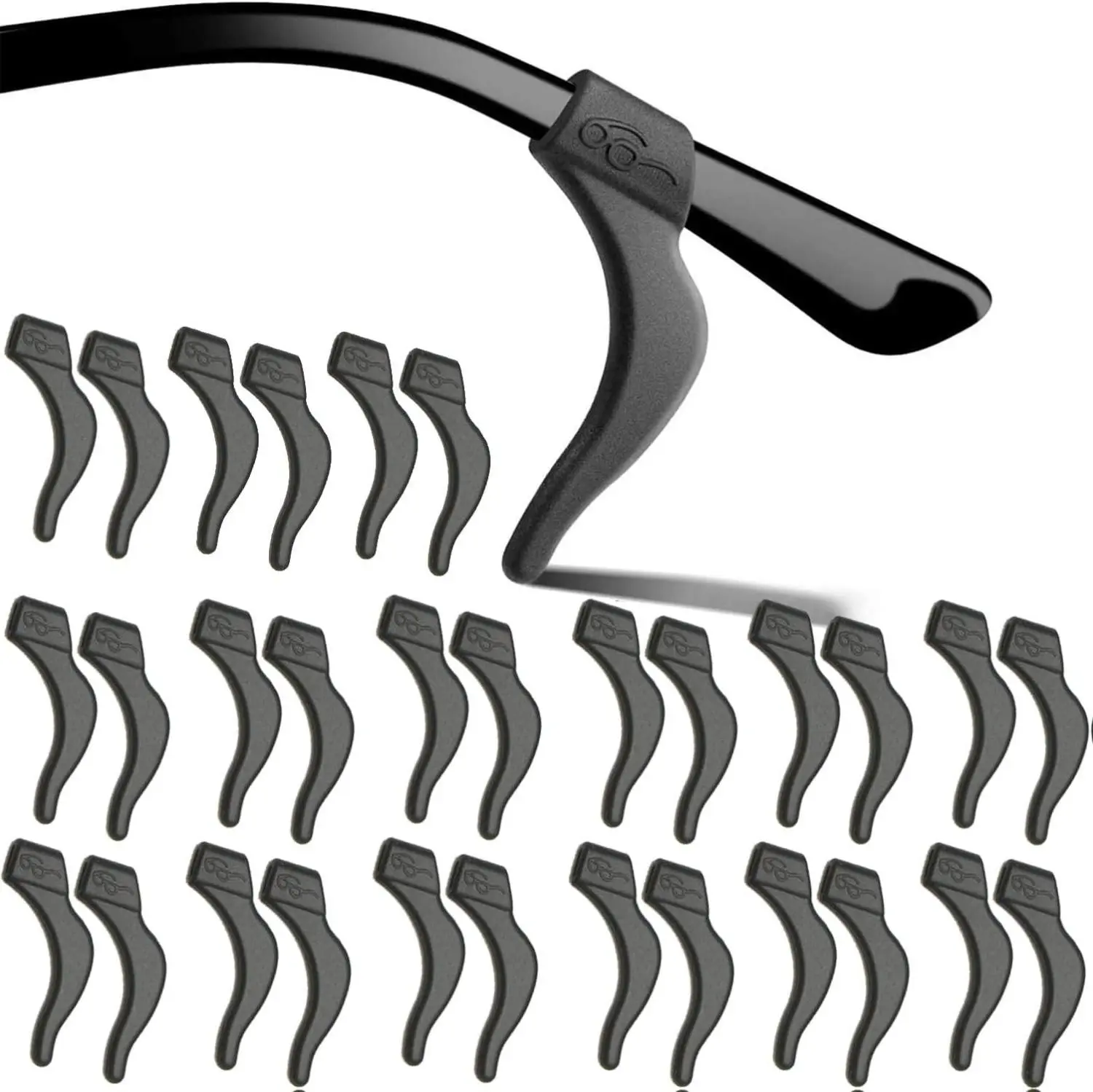 Unisex Silicone Rubber Glasses Ear Hook Grips - 20-Pair Multi-Pack Elastic Anti-Slip Temple Tips Sleeves, Comfortable Retainers for Reading Glasses, Black, Glasses Grips
